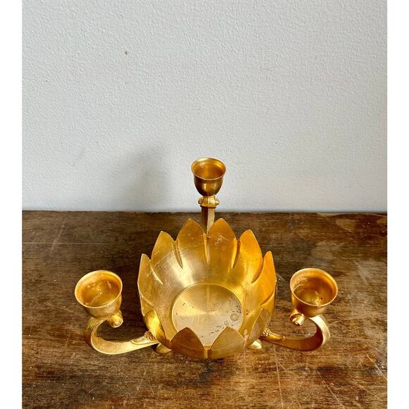 Vintage Brass Lotus Flower 3 Candle Holder | Footed Monteith Bowl | - Picture 2 of 5